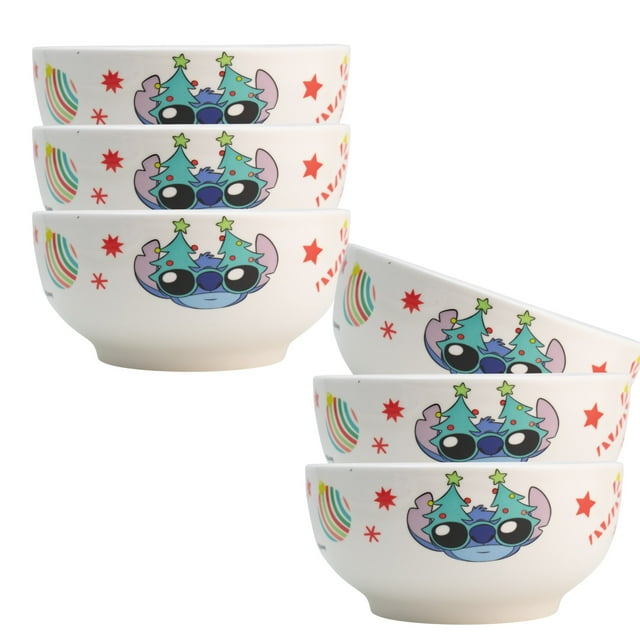 Set de 6 Platos Hondos o Bowls para Sopa, Elaborado de Porcelana con Diseño Stitch Navideño, Color Blanco, 13.5 cm