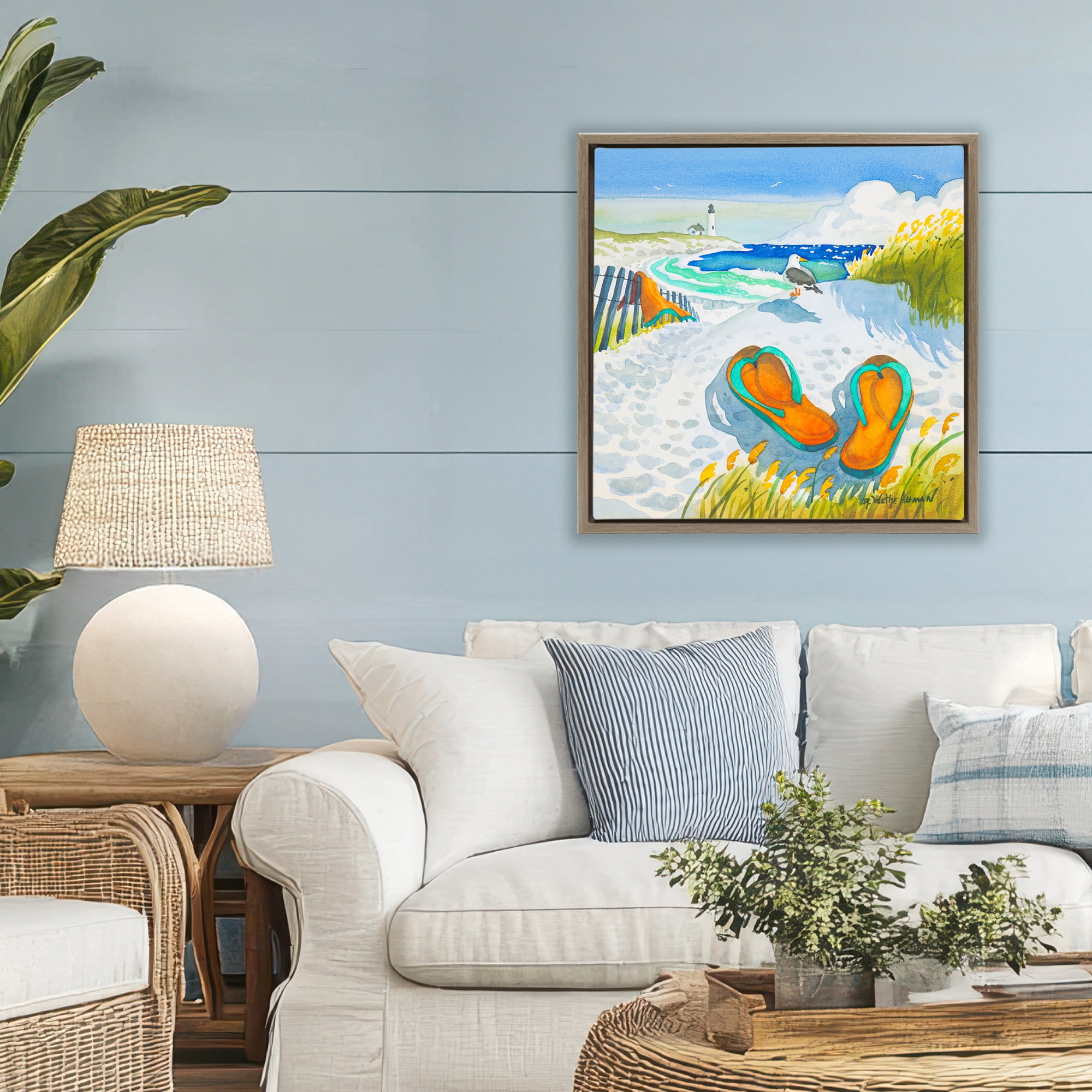 Stupell Industries Seagull & Flip Flops Brown Framed Floater Canvas Wall Art, design by Robin Altman