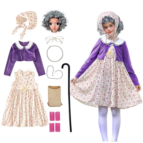 100 Day of School for Girls Child Old Lady Set Granny Grandma Dress Up Grandma Granny Dress with Wig for Kids 3-12T Girls 10 Pieces