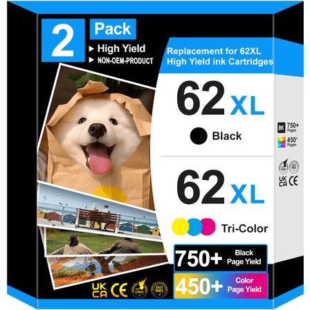 62XL Ink Cartridges Compatible for HP 62 Ink Cartridges for Printer Ink HP Ink 62 Black and Tri-Color，2 Pack