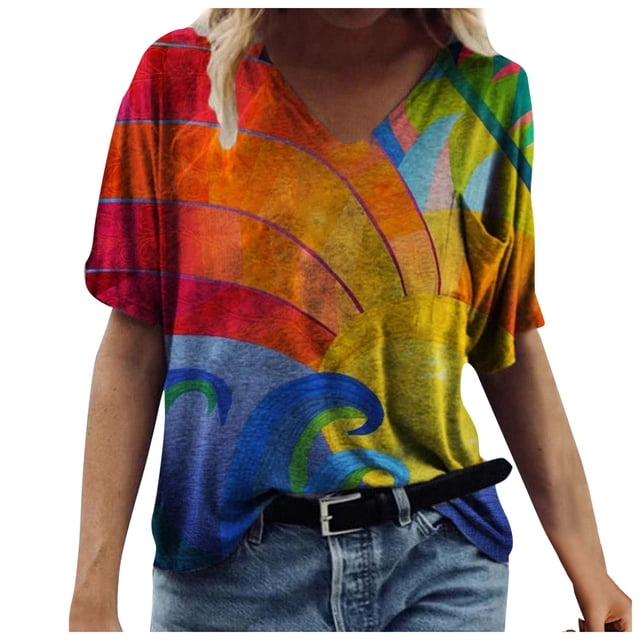 Gibobby Blusa de Trabajo de Manga Corta Camiseta de manga corta con cuello redondo para mujer, camiseta corta de verano, blusa informal estampada a la para(Amarillo,G)