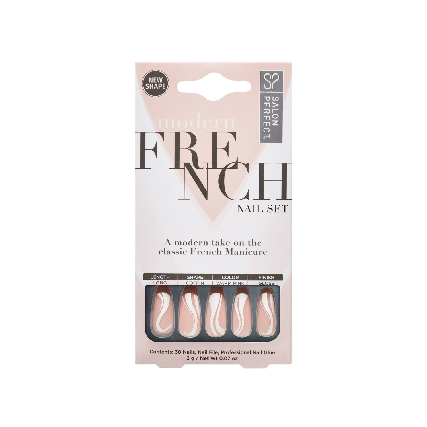 (3 pack) Salon Perfect Artificial Press on Nails, 155 Modern French Tip White Swirl, Long Coffin Glue On Fake Nails, File & Glue Included, 30 Nails