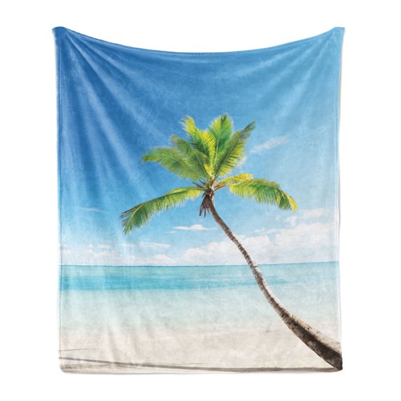 Tropical Soft Flannel Fleece Blanket, Palm Tree on Caribbean Sandy Beach Clear Sky Horizon Hot Sunny Day Panorama, Cozy Plush for Indoor and Outdoor Use, 50" x 60", Blue Green Beige, by Ambesonne