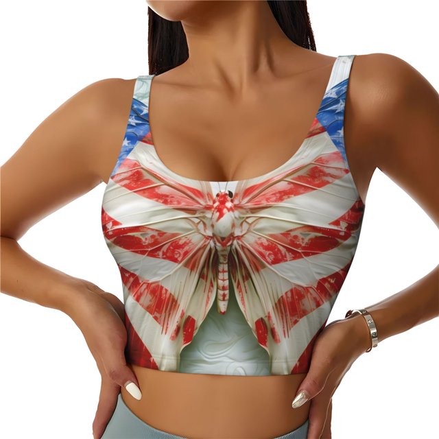 Balery Patriotic Butterfly Floral Sujetadores deportivos con espalda cruzada para mujer, acolchados, sin costuras, de alto impacto, ideales para yoga, gimnasio, entrenamiento y fitness.-XX-Large