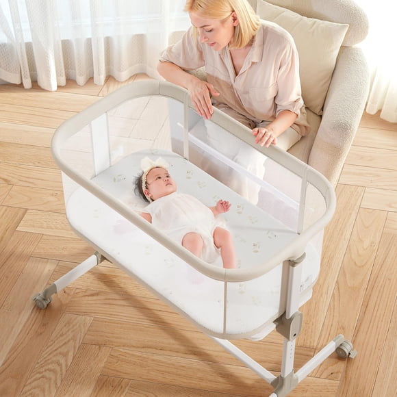 Fodoss Moisés para bebé, cama de noche, moisés de malla con ruedas, moisés de bebé de 7 alturas ajustables para bebés, color beige