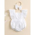 thumbnail image 2 of Gureui Kids Baby Girls Summer Romper with Headband, Plain Fly Sleeves Lace Square Neck Tie-Up Romper, Infant Snap Triangle Backless Jumpsuit, 2 of 9