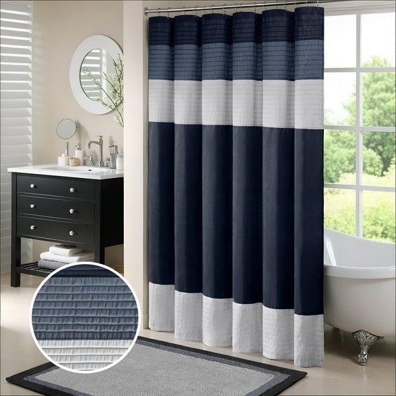 Madison Park Navy Faux Silk Shower Curtain, Striped Lightweight Bath Curtain Decor, Blue Curtain for Bathroom, 72"x72"