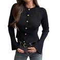 thumbnail image 3 of Suéter de Cuello Redondo Acanalado para Mujer, Camisa de Punto Acampanada de Larga con Botones y Abertura Frontal, Conjunto de Otoño Negro M, 3 of 8