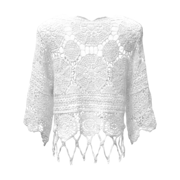 HCYSFG Womens Plain Fringe Trim Cut Out Sheer Cover Up Solid Color Boho Scallop Trim 3/4 Sleeve Round Neck Casual Loose Fit Swimsuit Coverup Tunics