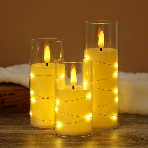 Flameless LED Candles with Embedded String Lights, Flickering Pillar Battery Operated Candles, Acrylic Electric Set of 3 for Romantic Ambiance and Home Decoration