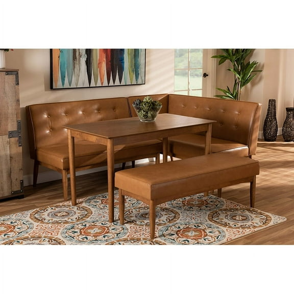 Baxton Studio Arvid Mid-Century Modern Tan Faux Leather Upholstered and Walnut Brown Finished Wood 4-Piece Dining Nook
