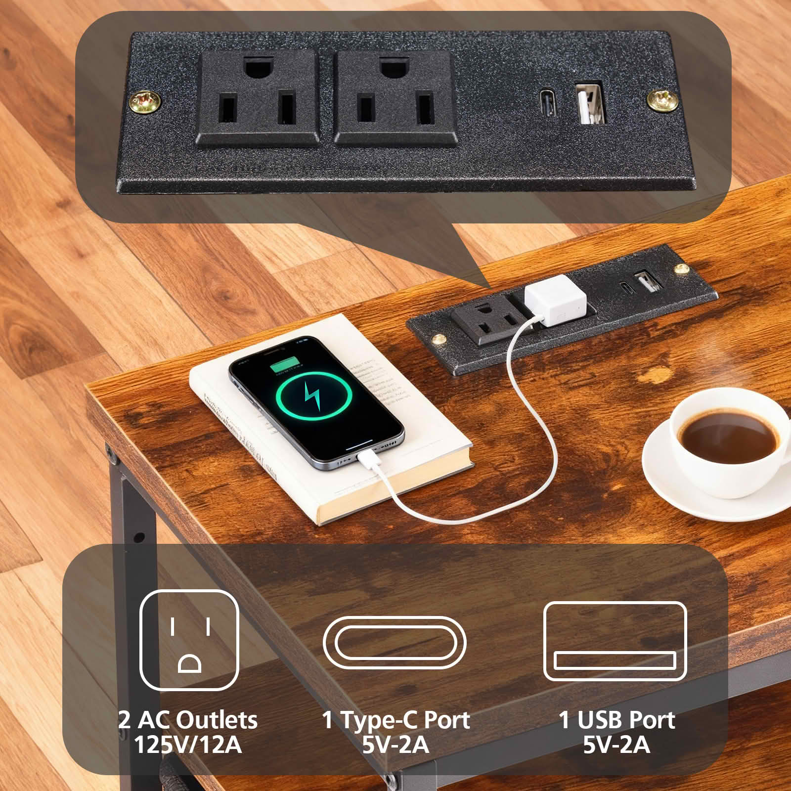 MAYEERTY Nightstand with Charging Station, 4 Fabric Drawers USB/Type-C Ports Outlets, Bedroom End Table，Rust