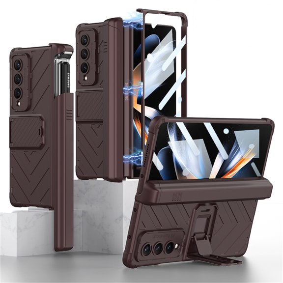 SaniMore for Samsung Galaxy Z Fold 4 Tempered Glass Screen Case, Rugged PC Case with Pen Holder Adjustable Kickstand Wireless Charging Shockproof Protective Case for Samsung Z Fold 4, Winered