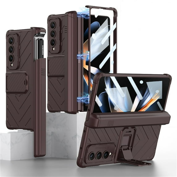 SaniMore for Samsung Galaxy Z Fold 4 Tempered Glass Screen Case, Rugged PC Case with Pen Holder Adjustable Kickstand Wireless Charging Shockproof Protective Case for Samsung Z Fold 4, Winered