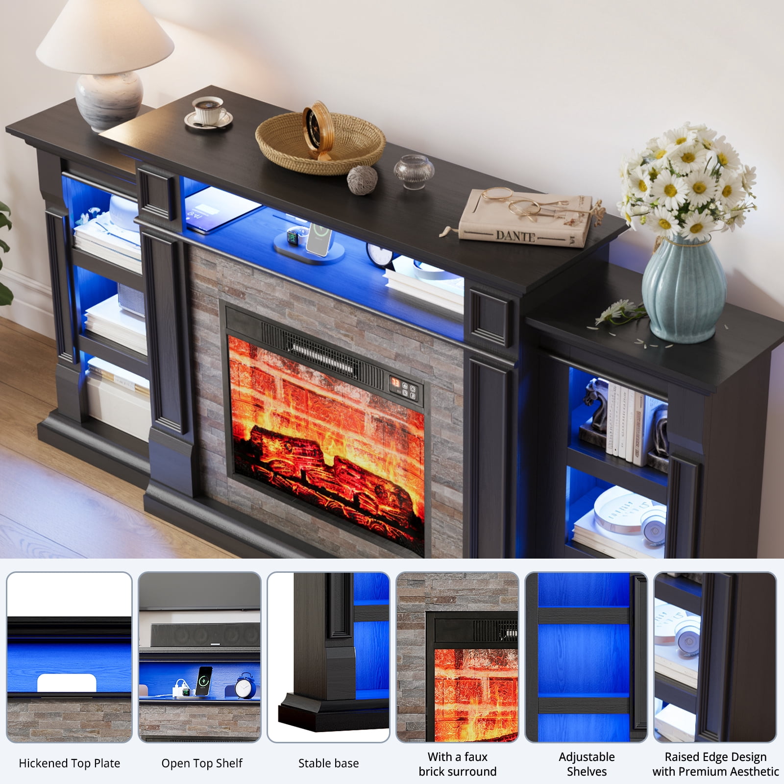 Holliwill 72" TV Stand for TVs up to 80" with Charging Station & LED Light, Electric Fireplace with Mantel, Entertainment Center with 23" Red Brick Electric Heater, Black
