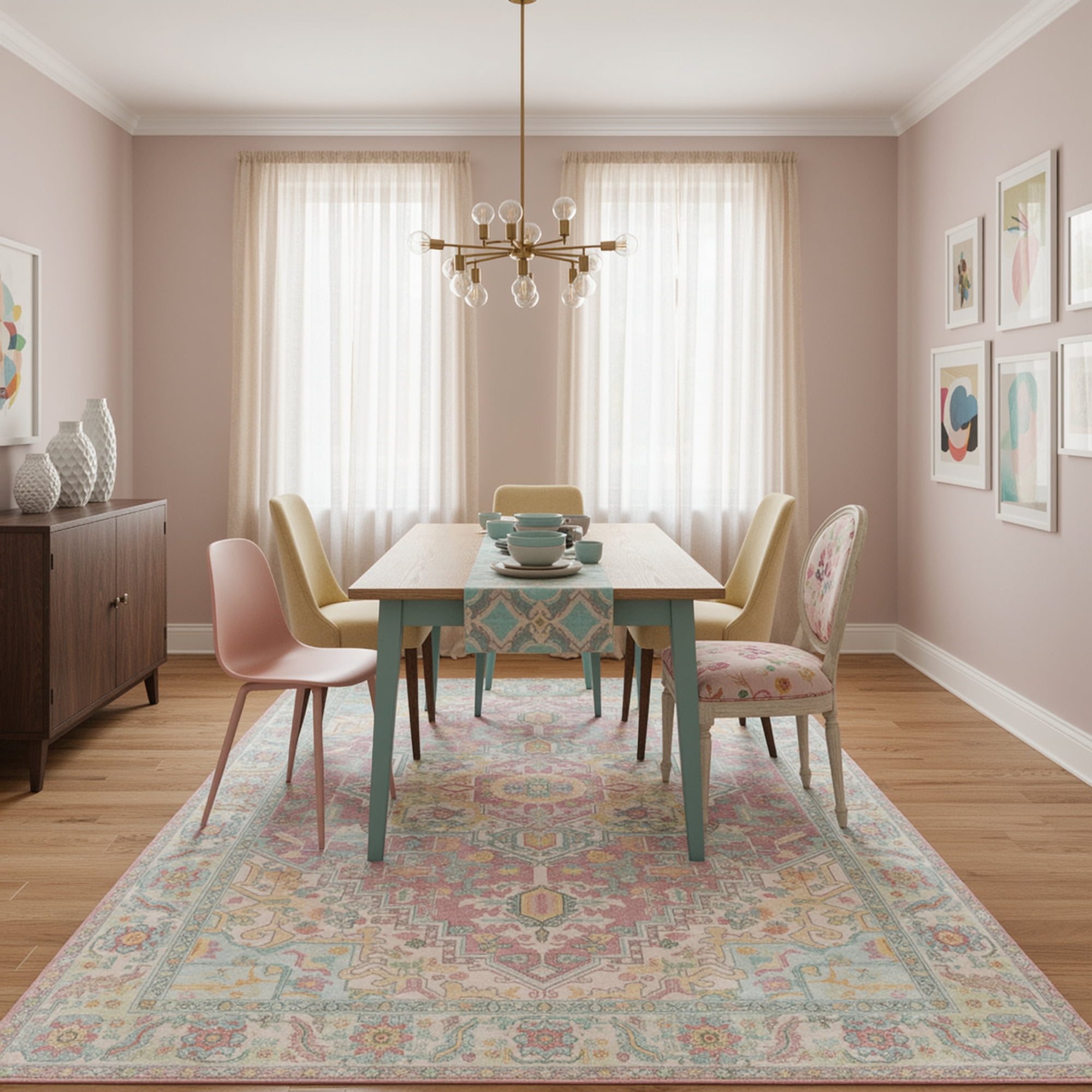 Kokia 9x12 Vintage Oriental Area Rug for living Room, Pink and Orange Low Pile Stain Resistant Non-Slip Washable Rug for Bedroom with Distressed Medallion Pattern
