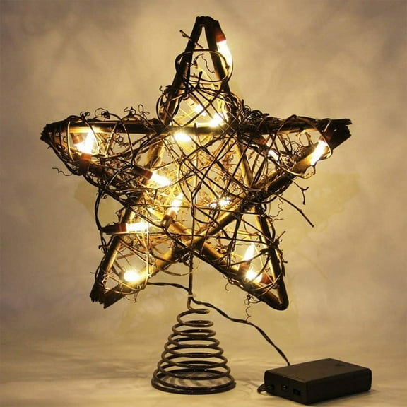 AYktou 10×12 Inch Christmas Tree Toppers with LED Light, Vintage Imitation Wood Ironwork Glowing Christmas Tree Top Star Accessories, Hollowed Pentagram Christmas Decorations Tree Topper Star