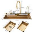 thumbnail image 4 of Zovajonia Single Bowl Drop-in Kitchen Sink, 304 Stainless Steel, 29.52 x 17.7 inch, Brushed Gold, with Pull-Out Faucet and Accessories, 4 of 12