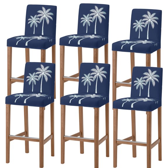 Navy Blue Bar Stool Covers - Stretch Dining Chair Covers Set of 6, Summer Beach Botanical Coconut Palm Tree Bar Chair Cover Removable Counter Stool Pub Chairs Slipcovers Protectors for Kitchen/Cafe