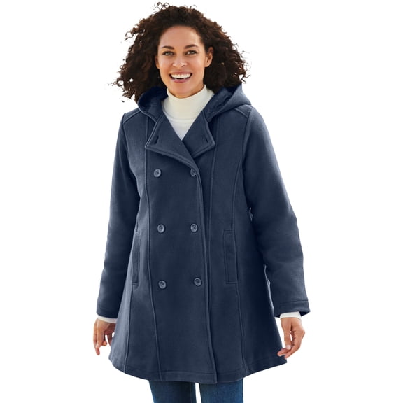 Woman Within Plus Size Double-Breasted Hooded Fleece Peacoat