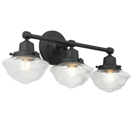 Design House Schoolhouse Modern Wall Mount 3-Light Dimmable Clear Seedy Glass Vanity Light in Matte Black