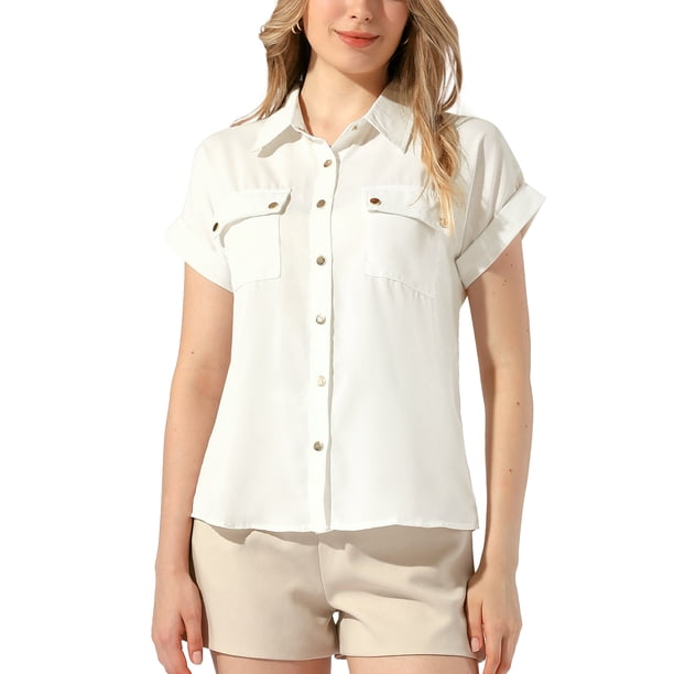CAMISA DE BOTONES DE CHIFFON CHIC INSPIRADOR PARA MUJERES, BLUSA CORTA Y ELEGANTE DE MANGA CORTA, BLANCA, TALLA 2XL