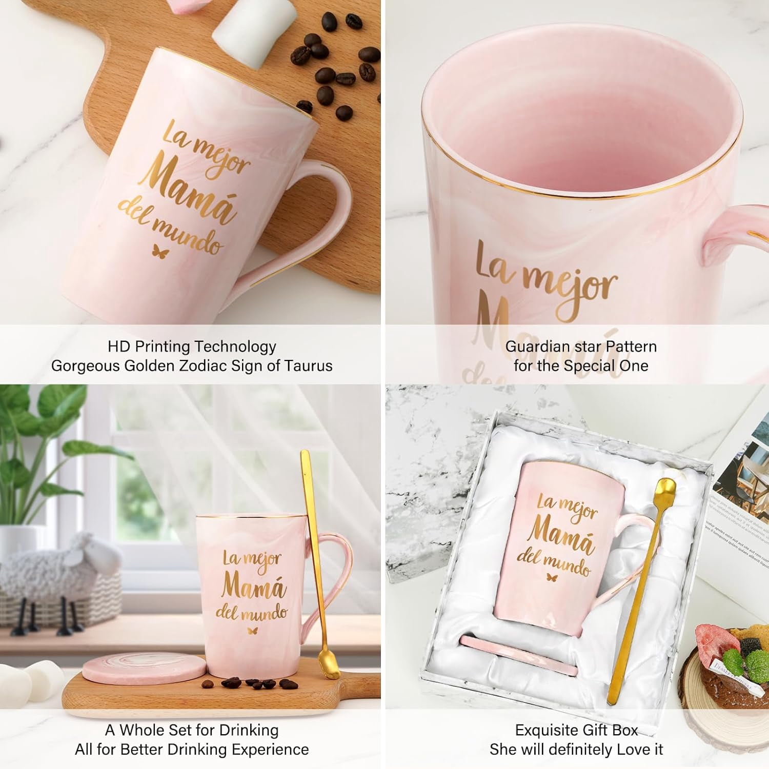 Gifts for Mother - La Mejor Mama Del Mundo Mugs, Mothers Day Gifts, Birthday Gifts, Christmas Gifts, Futtumy 14 fl oz Pink Marble Coffee Mugs Ceramic Mug Tea Cup