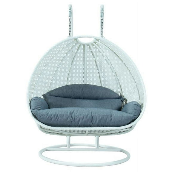 LeisureMod White Wicker Hanging 2 Person Egg Swing Chair - Charcoal Blue - 78 x 57 x 27 in.