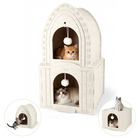 Yucurem 2-Tier Cat House for Indoor Cats Cube Bed, Detachable Felt Cat House with Scratch Pad and Hanging Ball for Small Pet (13"L x 13"W x 26"H)