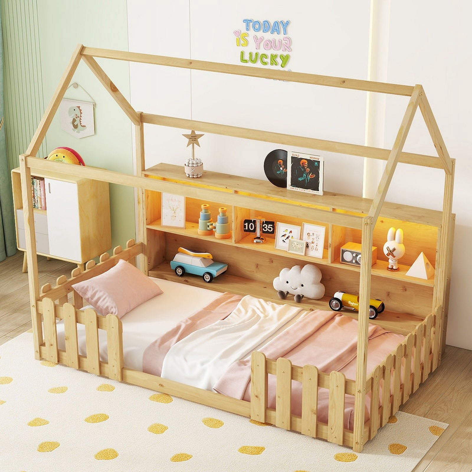 Mirightone Twin Size House Bed frame, Twin Floor Bed with High Rails & Storage Shelves, Montessori Bed with LED Light, Solid Wood House Floor Bed (Natural)