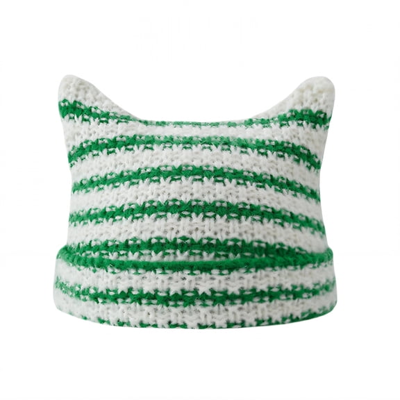 TELOLY Cat Ear Beanie for Women, Soft Wool Blend Hand-Knit Winter Hat with Playful Ears, Green Striped Casual Headwear for Commuting and Playtime