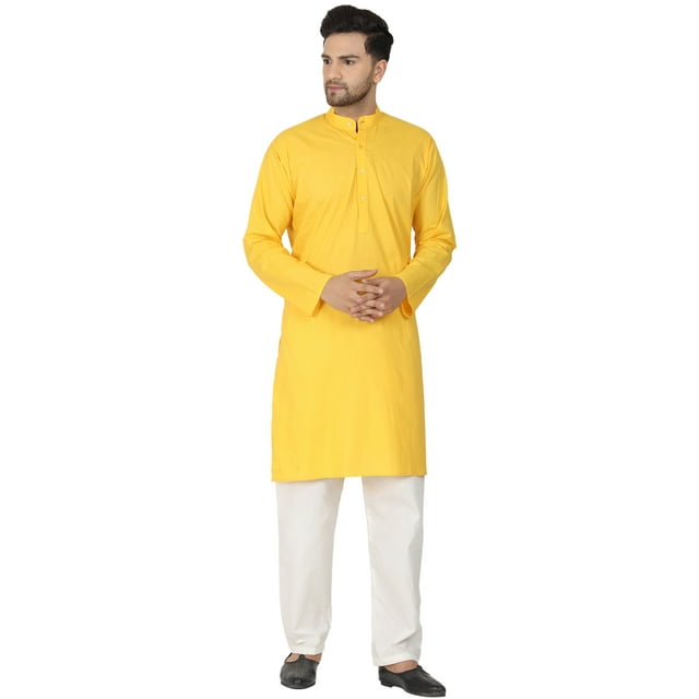 SKAVIJ Ensemble Kurta Pyjama Homme Coton Manches Longues Soirée Yoga Robe Gold L