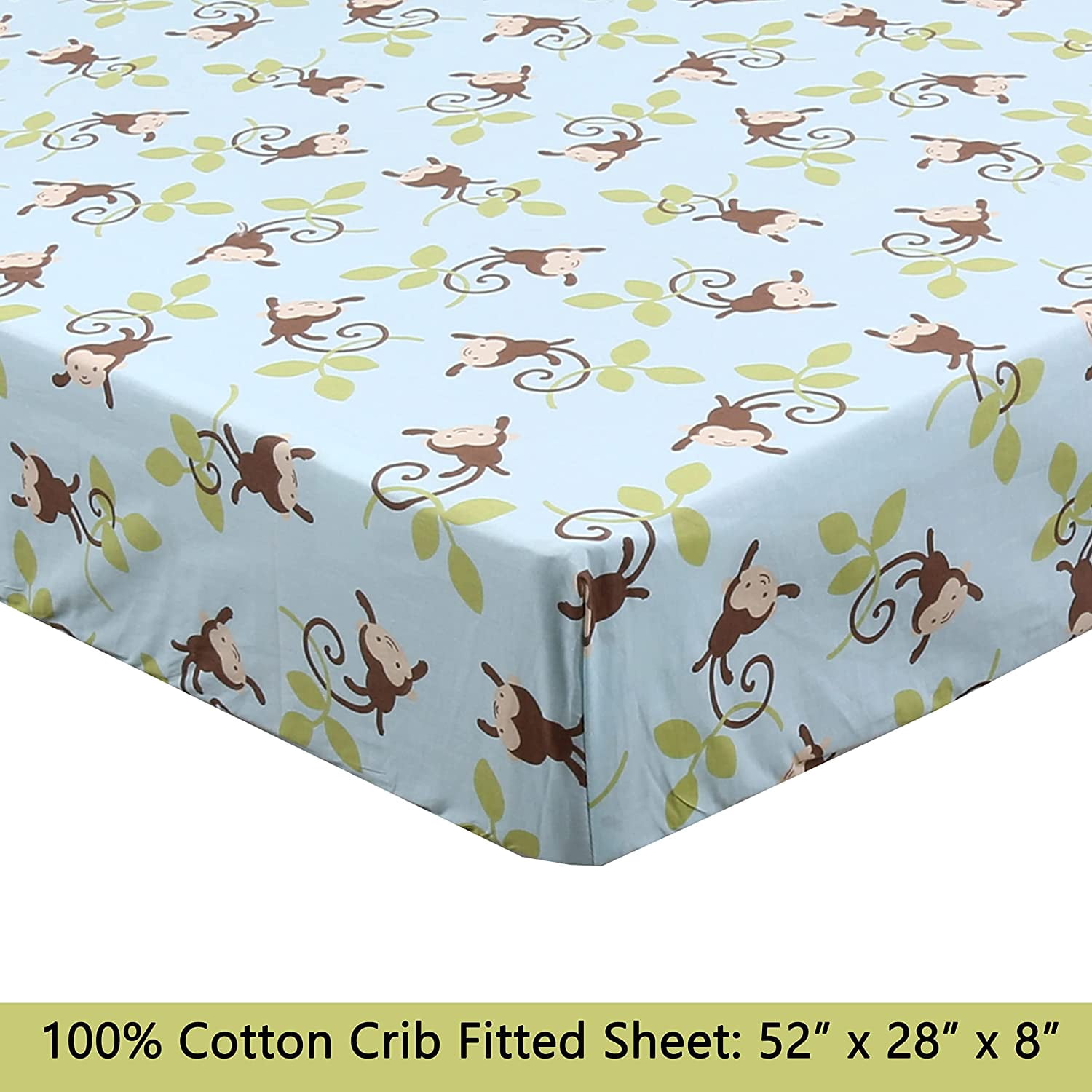 Jungle Monkey Tails Swing 3 Piece Blue Cotton Toddler Sheet Set
