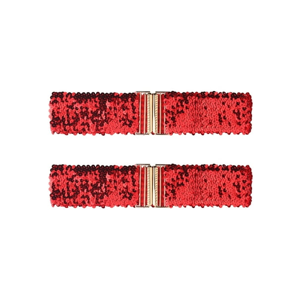 Cinturones Anchos Brillantes para Damas con Hebillas de Interconexión y Decoración de Lentejuelas, Cinturones Elásticos para Mujeres, 2 PZS, Rojo