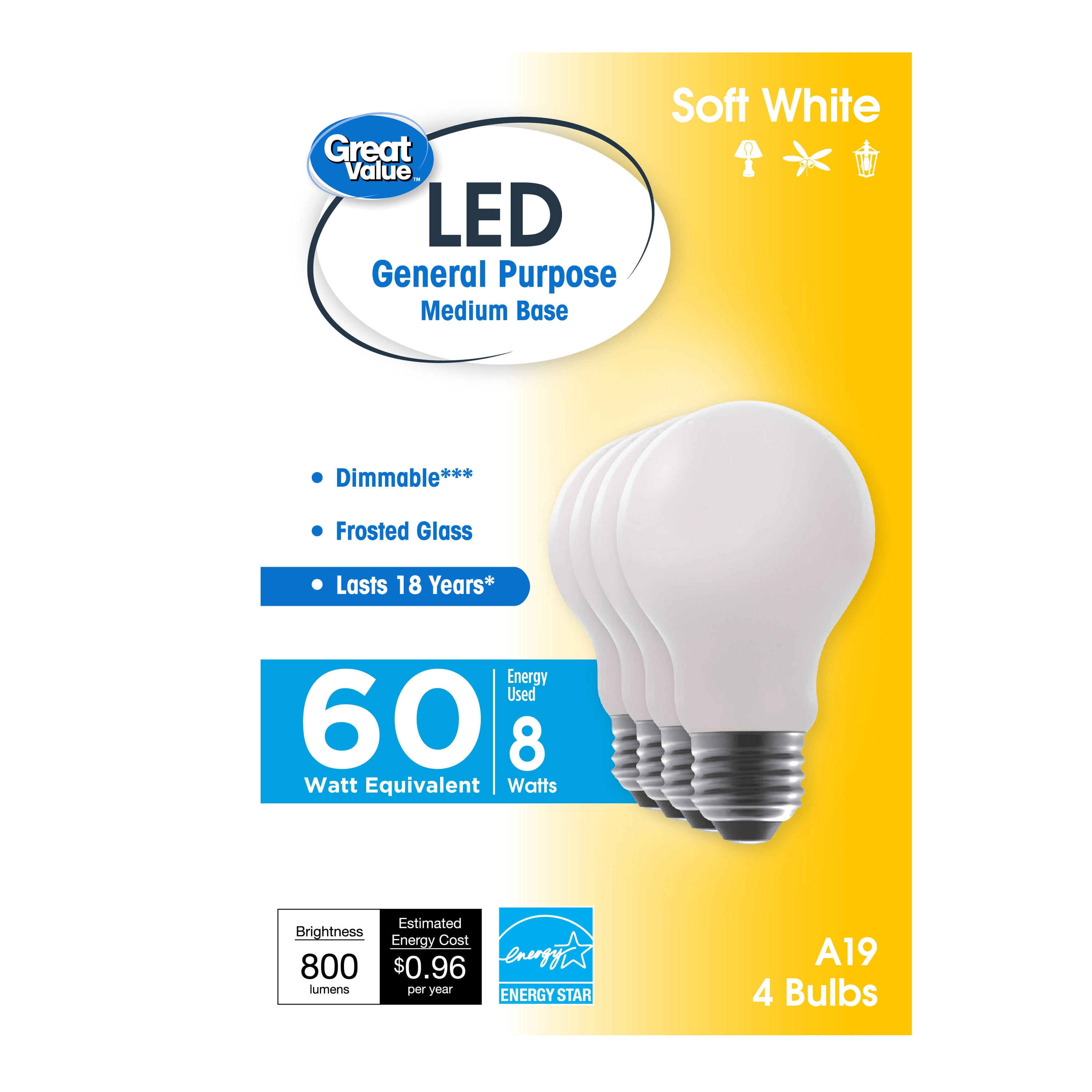 Great Value LED Light Bulb, 9W (60W Equivalent) A19 General Purpose Lamp  E26 Medium Base, Non-dimmable, Soft White, 1-Pack - Walmart.com