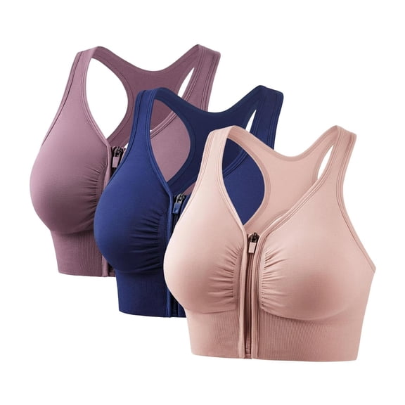 Valcatch 3-pack Sports Bras for Women Zip Front Closure Yoga Bra Seamless Wirefree Padded High Impact Running Gym Workout Bras