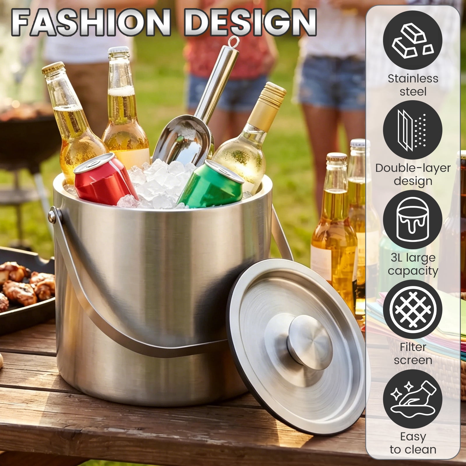 Stainless Steel Ice Bucket - 3 Quart (3L) Double-Wall Insulated Ice Buckets for Parties with Lid Scoop Strainer & Handle Beverage Large Champagne Wine Drink Container Holder Ideal