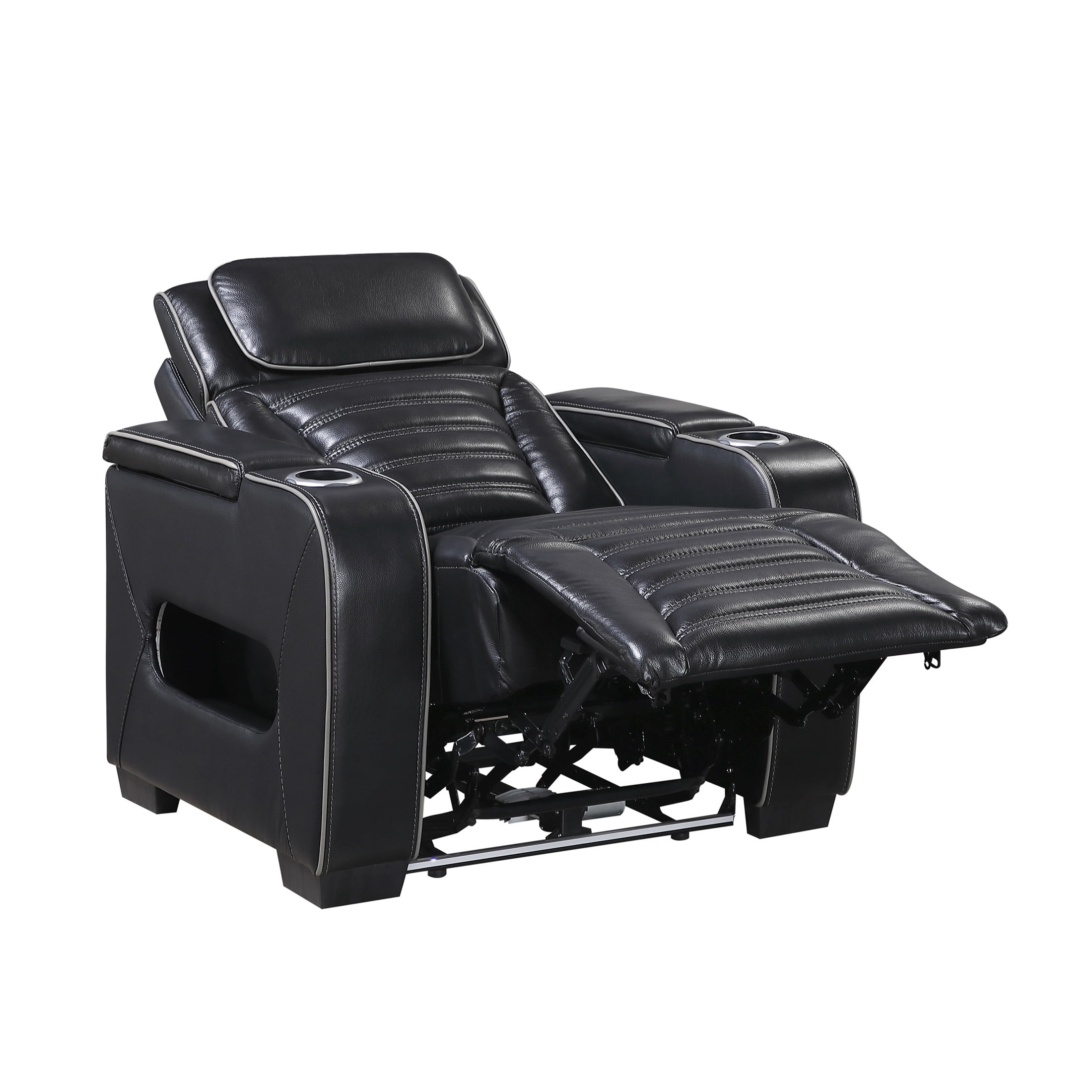OakvillePark Elantra Leather Match Power Reclining Chair with Power Headrest/Cup holder/Storage Arms/Air Massage/Heat/LED Lighting and Charging Port, Black