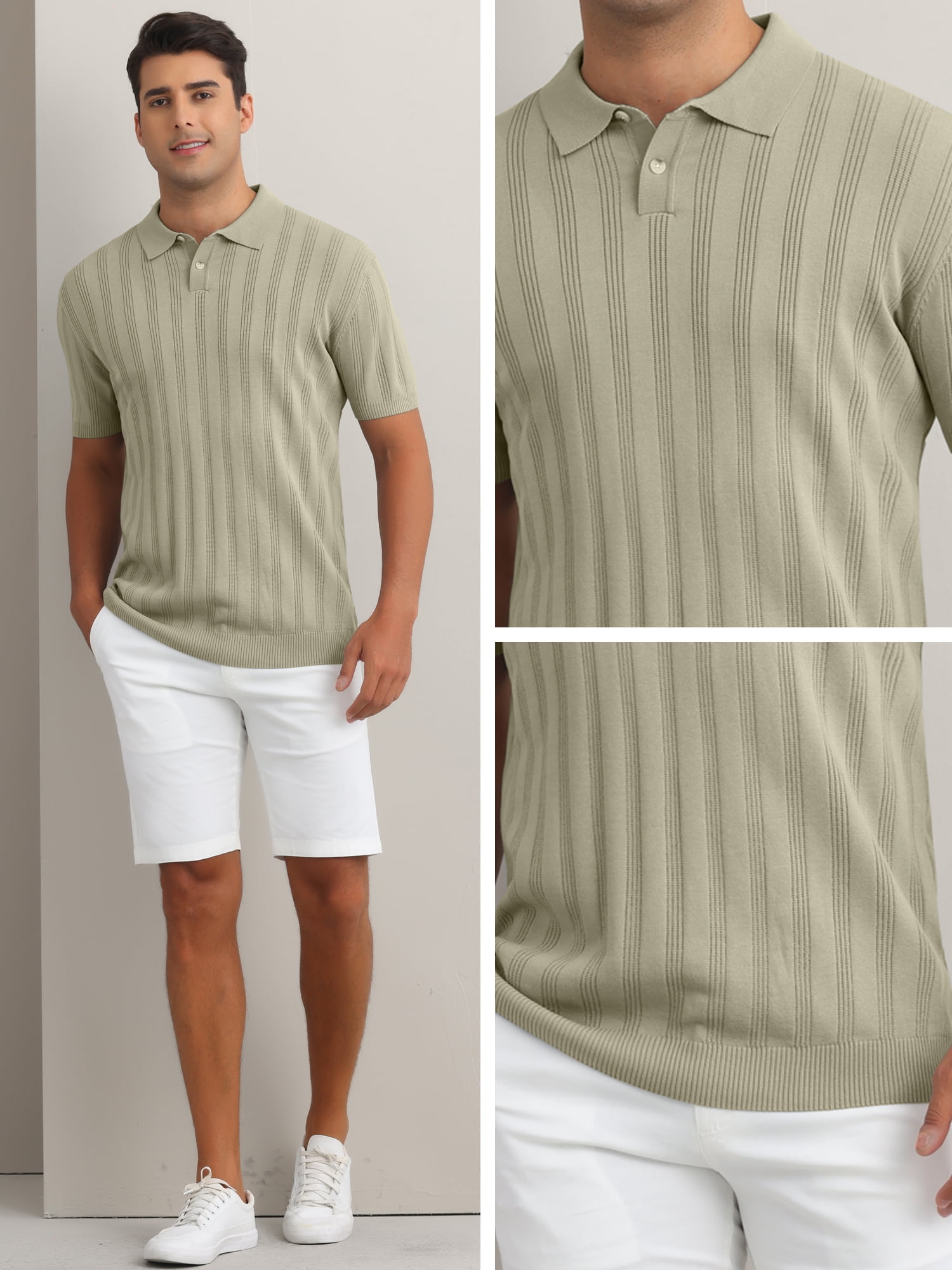 DARING DIVA Men's Short Sleeve Button Regular Fit Knit Texture Collared Polo Shirt L khaki