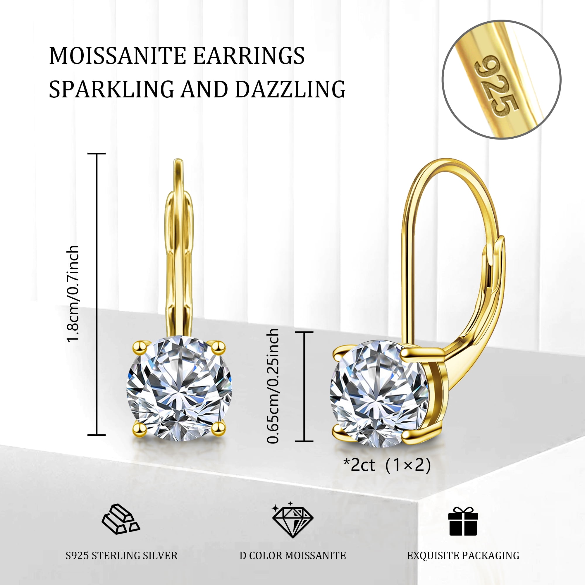 925 Sterling Silver Earrings for Women Men,14K Gold Plated Sterling Silver Dangle Earrings,1.0ct-2.0ct D Color Brilliant Round Cut Lab Moissanite Diamond Earring Gifts for Mom