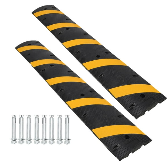 Danolapsi 2 Pack 72" Rubber Speed Bumps, 25000 lbs Load Capacity Speed Bump Hump with 8 Bolt Spikes Anchors, Reflective Yellow Strip, Traffic Speed Bump for Asphalt Concrete Gravel Driveway Road