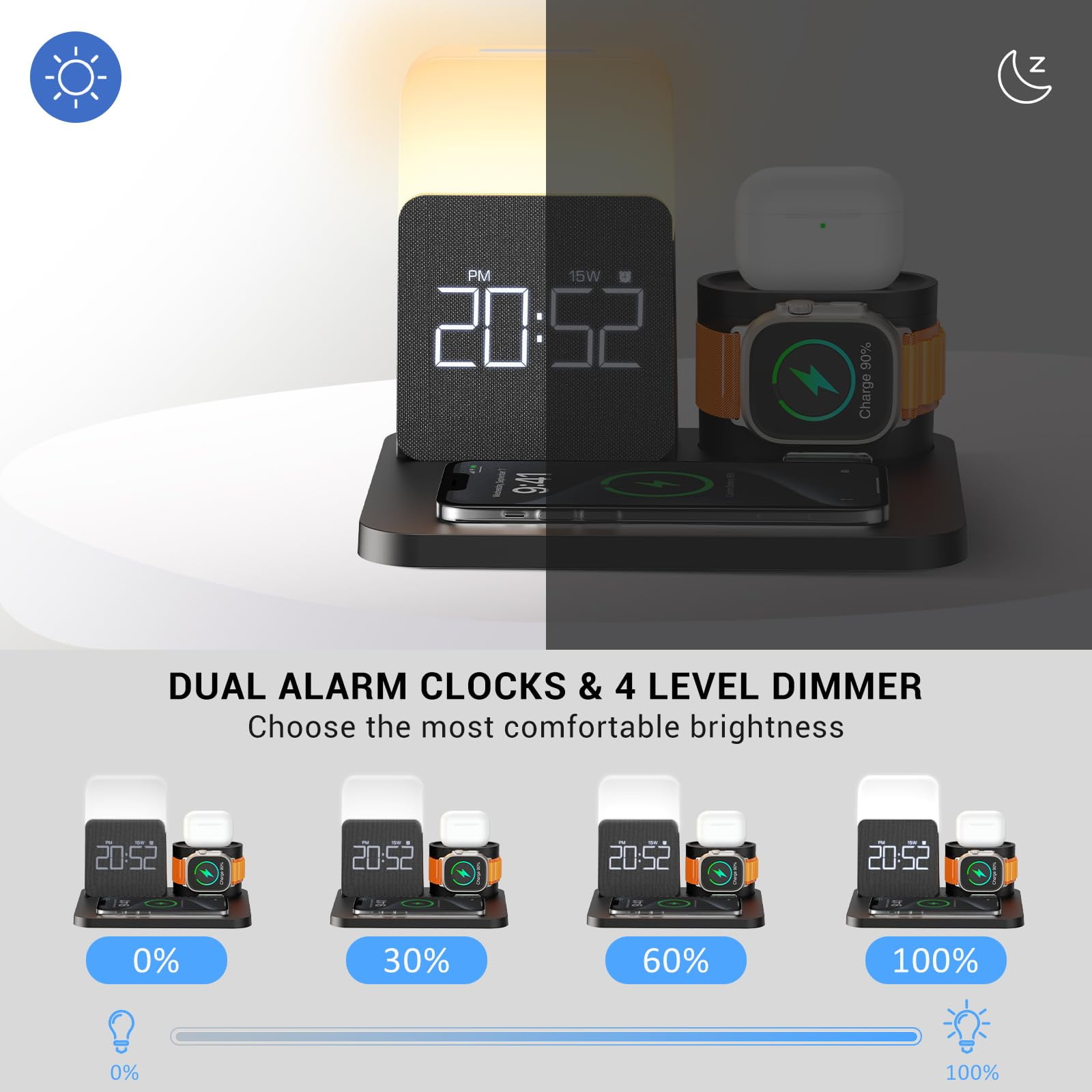 Wireless Charging Station 7 in 1 Compatible for iPhone 17/16/15/14/13/12 Pro Max, Apple Watch & AirPods with Alarm Clock, Night Light Black