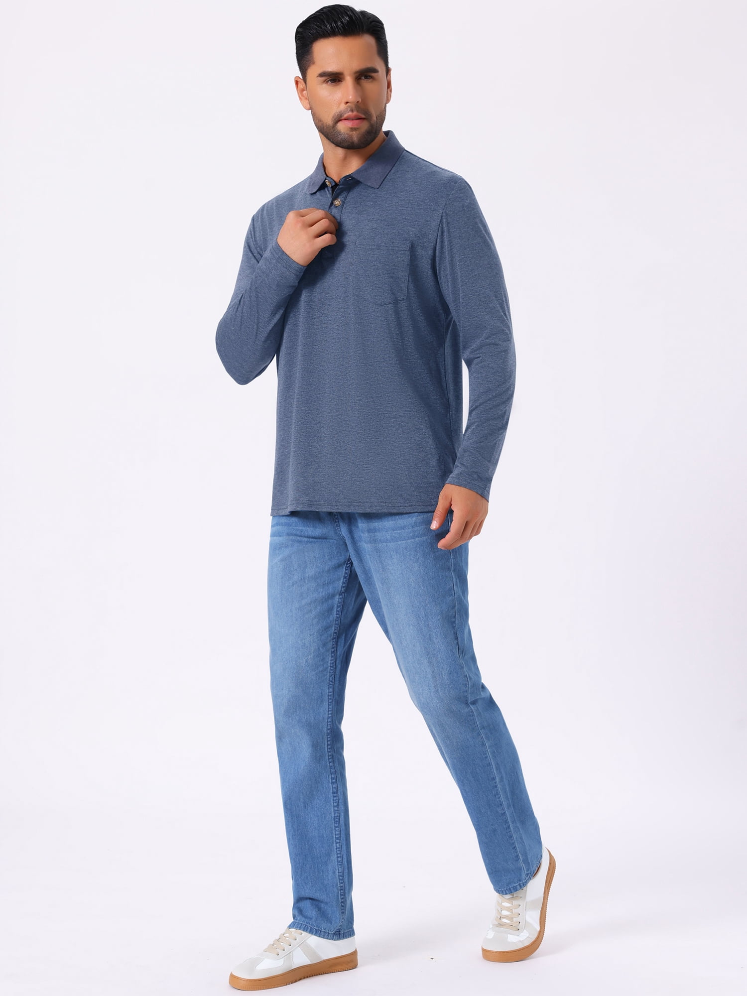 DARING DIVA Men's Contrast Button Collared Long Sleeves Golf Polo T-Shirts XL Dark Blue
