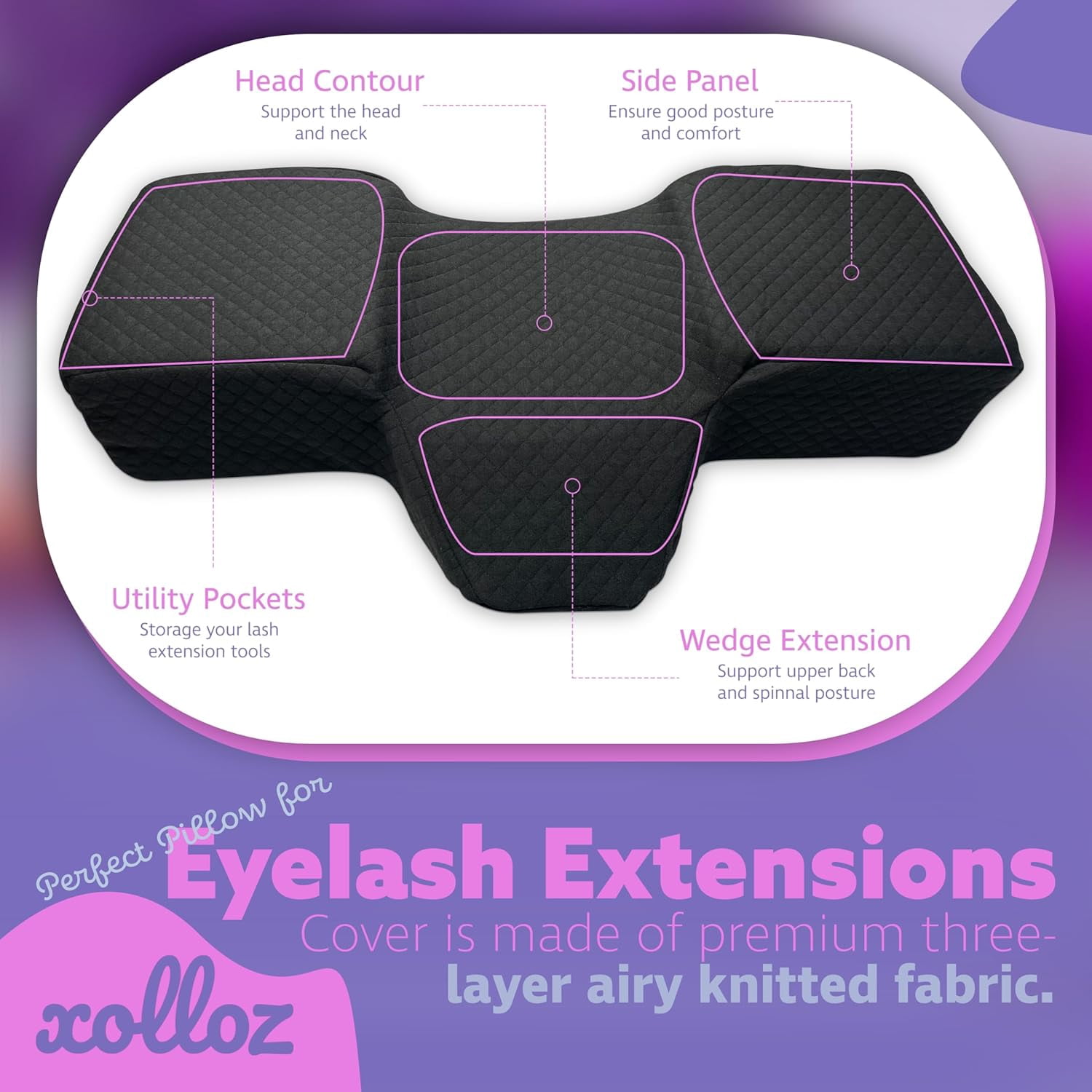 Pillow for Eyelash Extensions - Curved Memory Foam Lash Bed Pillow with Neck and Back Support, Perfect Pillow for Eyelash Extensions, Two Pockets for Tools On The Sides of Pillow (Black)