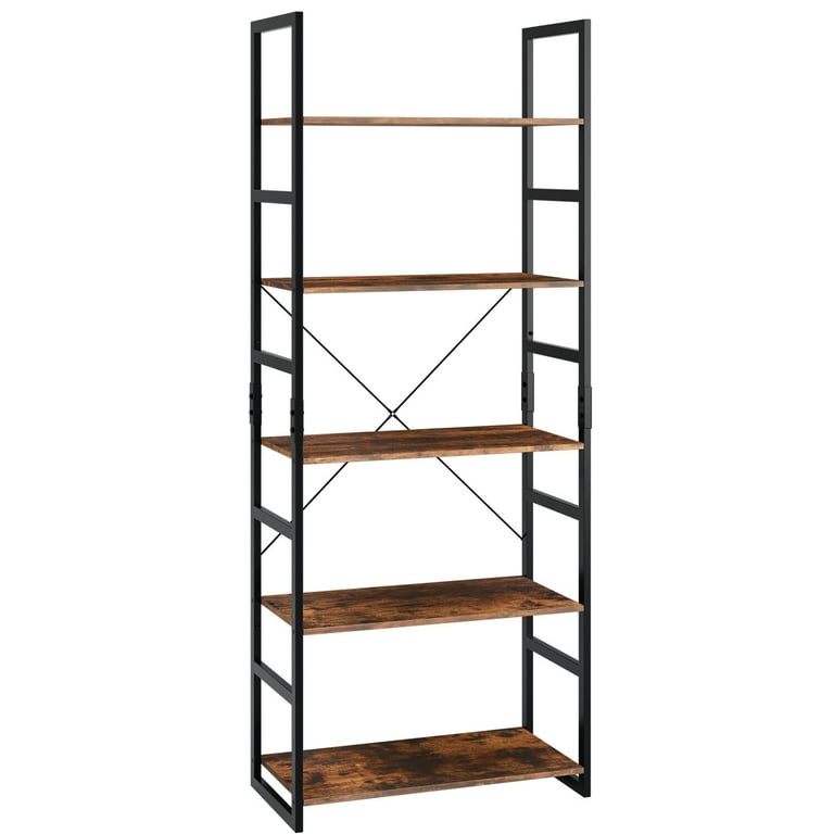 Homfa bookshelf rack 5 tier vintage bookcase shelf storage organizer modern wood look accent metal frame furniture home office discount