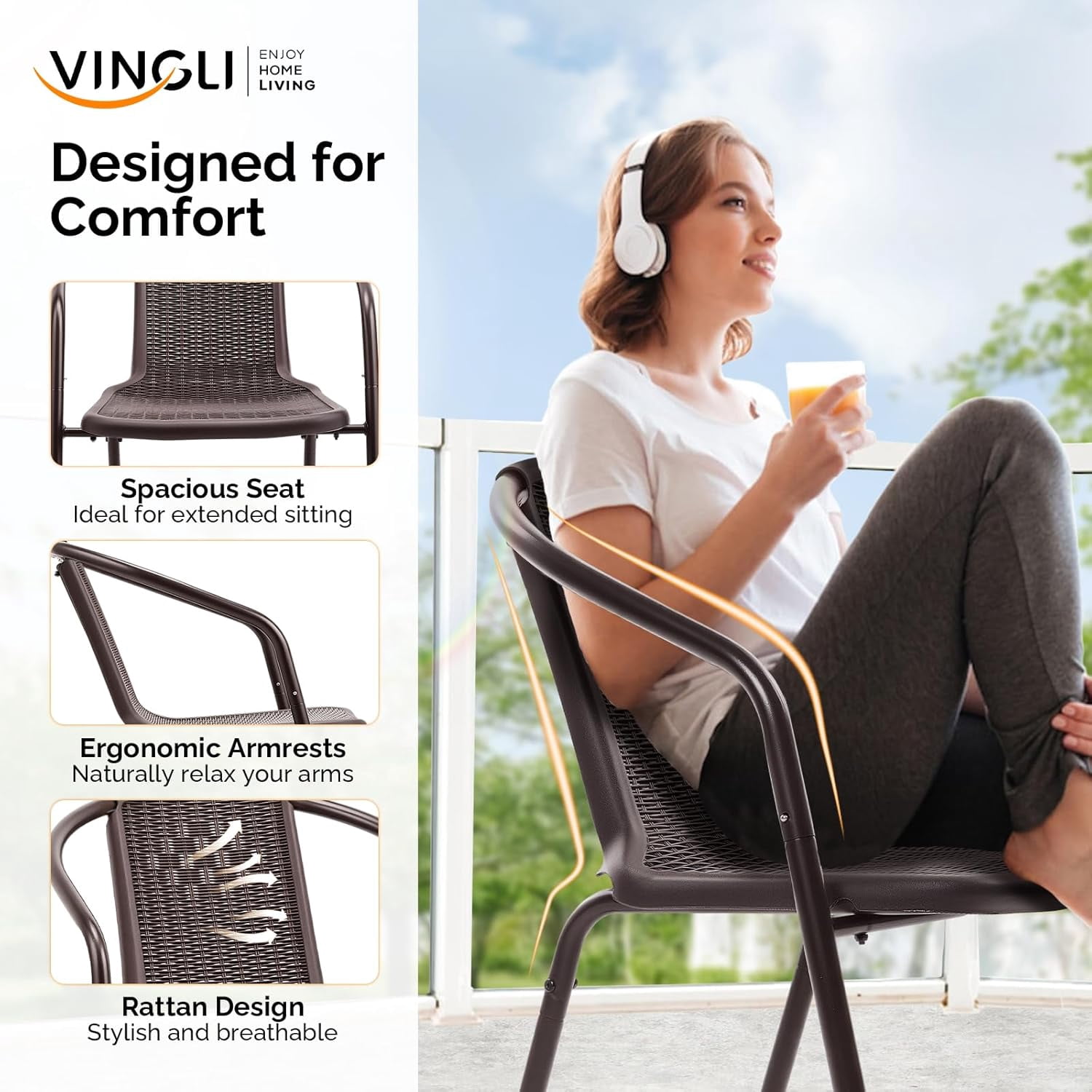 PEXMOR PE Rattan Outdoor Dining Chairs Set of 4, Plastic Stackable Patio Chairs for Garden, Porch & Indoor Use