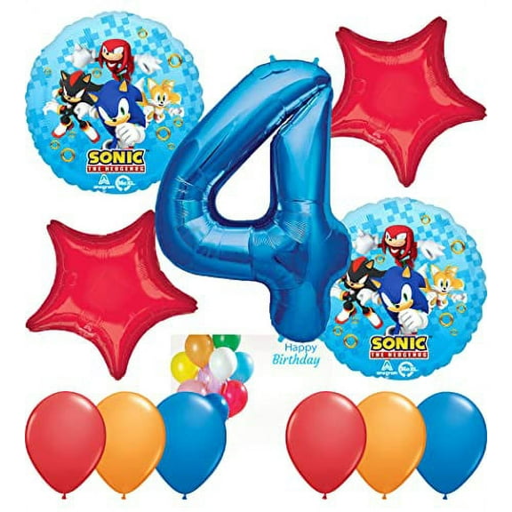 Sonic Birthday Party Supplies Decorations Balloon Bundle with Character Mylar's, Star Shaped Mylar's, Latex Balloons and Blue Number 4 Mylar (7 Items)