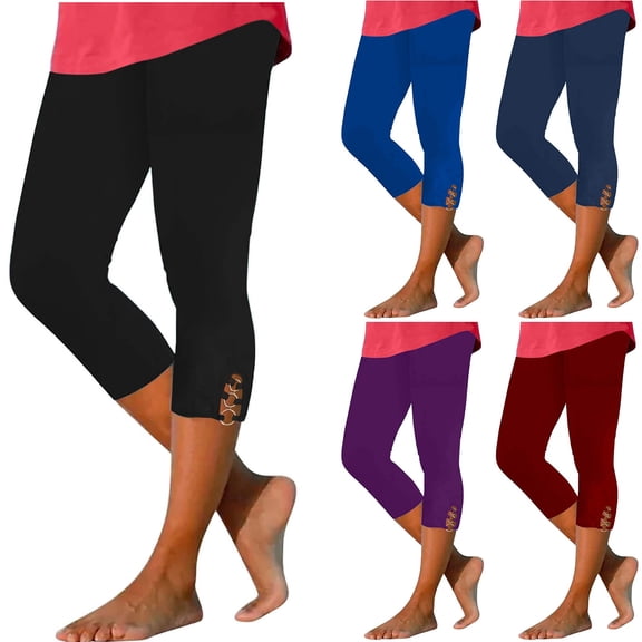 Women's Capri Pants Tummy Control Knee Length Yoga Leggings Casual Solid Cutout High Waisted Cropped Pant Blue M
