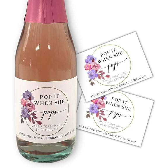 Pop It When She Pops Floral Purple Mini Champagne Bottle Label  12 pk 2 x 3 Sticker Tags When She Arrives for Wine Bottles Baby Shower Gender Reveal