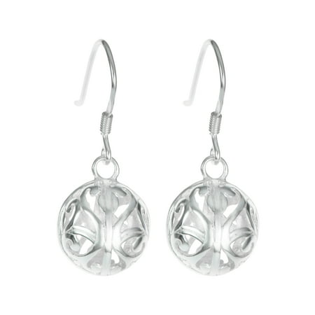 Sterling Silver Round Filigree Flower Ball Dangle Ear Wire French Sterling Silver Round Filigree Flower Ball Dangle Ear Wire French Hook Earrings